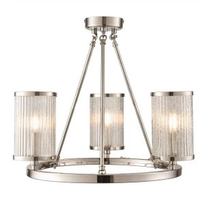 Image of 3 Light Semi flush Bright Nickel, Ribbed Glass With Bubbles, E14