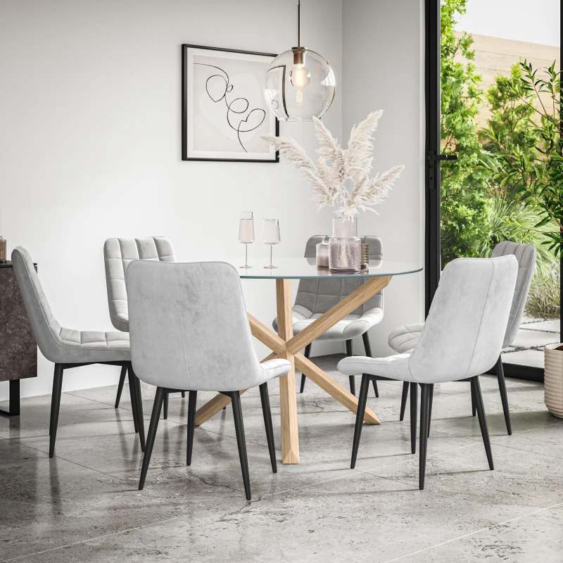Image of More4Homes Malvern Round Dining Table And Chairs - Clear Glass Table Top W Solid Oak Legs + Nova Velvet Dining Chair Set Of 6 (Grey)