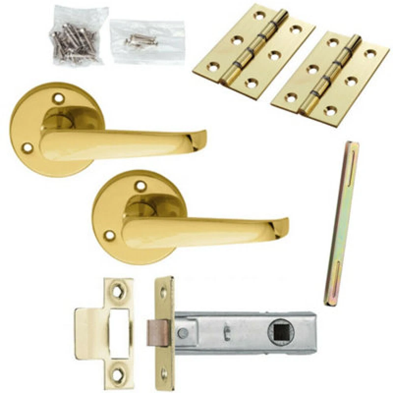 Image of Loops Door Handle & Latch Pack Brass Victorian Scroll Straight Screwless Round Rose Metallics