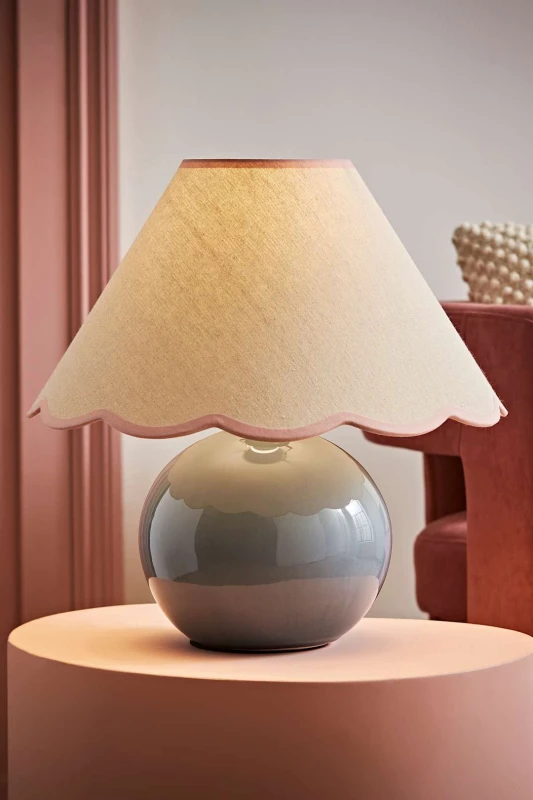 Image of ValueLights Bosco Eucalyptus Teal Ceramic Table Lamp with Natural Linen Scallop Lamp Shade Pink