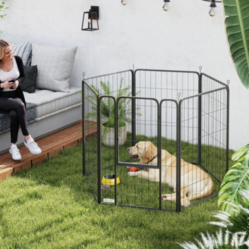 Image of PawHut 6 Panels Dog Playpen with Secure Door for Indoor Outdoor, 100cm High, Black D06-250V00BK