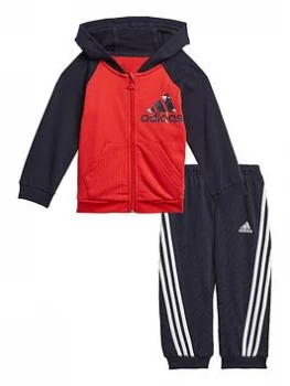 Image of Boys, adidas Infant Unisex Badge Of Sport Full Zip Hood & Jog Pant Set - Red/Black, Red/White, Size 3-4 Years