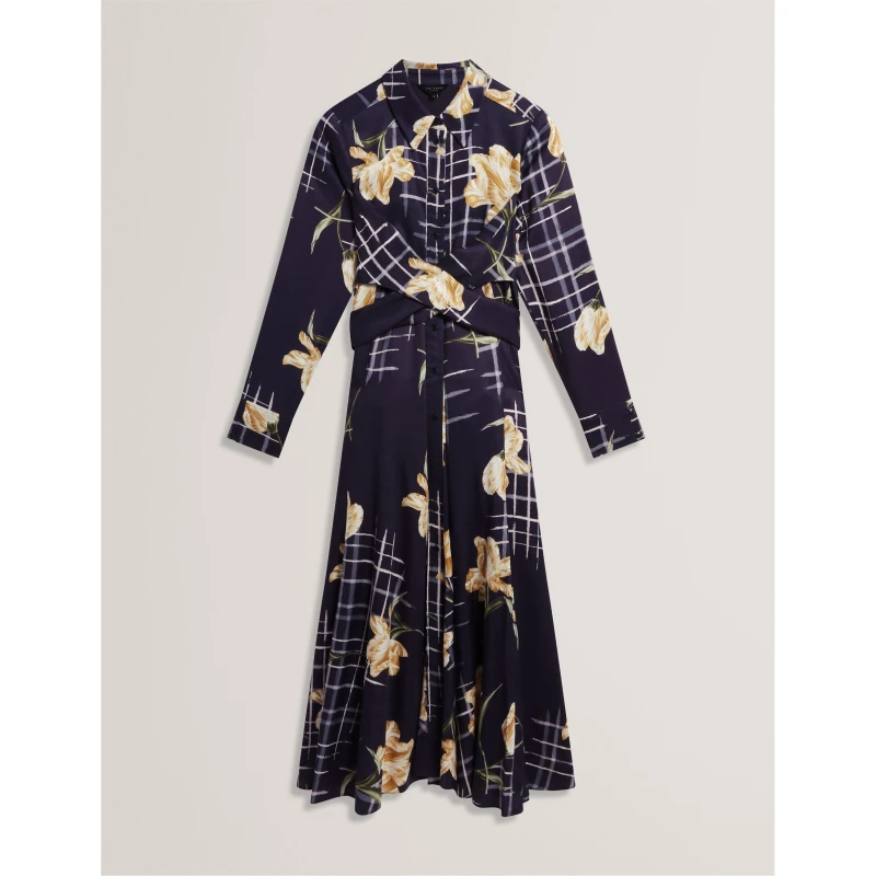 Image of Ted Baker Womens Long Sleeve Print Midi Wrap Dress Navy female 8 (XS)