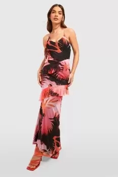Image of Abstract Palm Print Ruffle Mesh Maxi Dress
