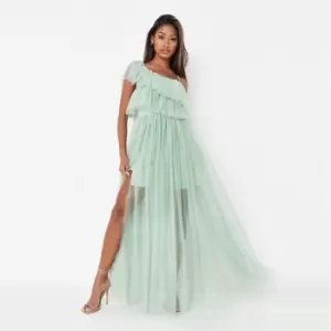 Image of Missguided Shoulder Ruffle Maxi Dress Tulle - Green