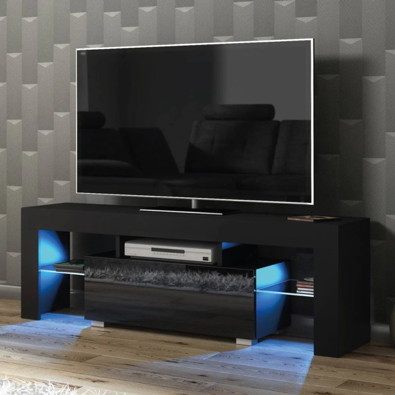 Image of Creative Furniture Floe TV Unit 130cm - Black with Gloss Doors & LED Lights Black Unisex