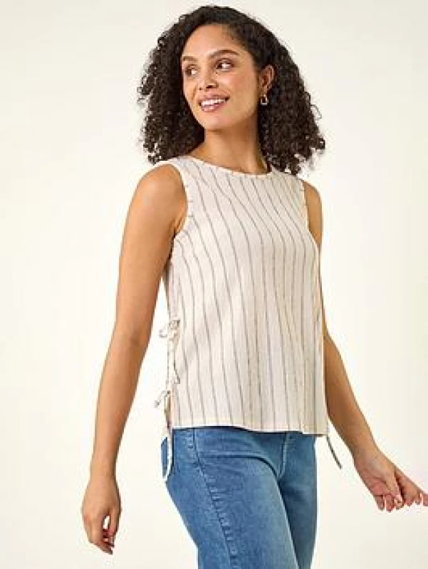 Image of Roman Womens Stripe Side Tie Detail Top in Ivory Size: 12 Ivory Female 12