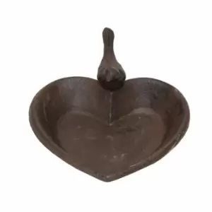 Image of Homescapes - Brown Decorative Bird Rustic Heart Bird Bath Cast Iron - Brown
