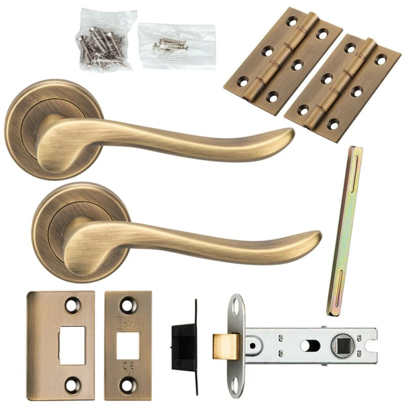 Image of Loops Door Handle & Latch Pack Antique Brass Scroll Lever Screwless Round Rose Metallics
