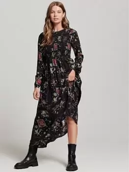 Image of Superdry Vintage Long Smocked Dress - Multi, Size 8, Women