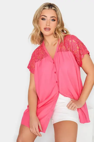 Image of Yours Lace Insert Blouse Pink
