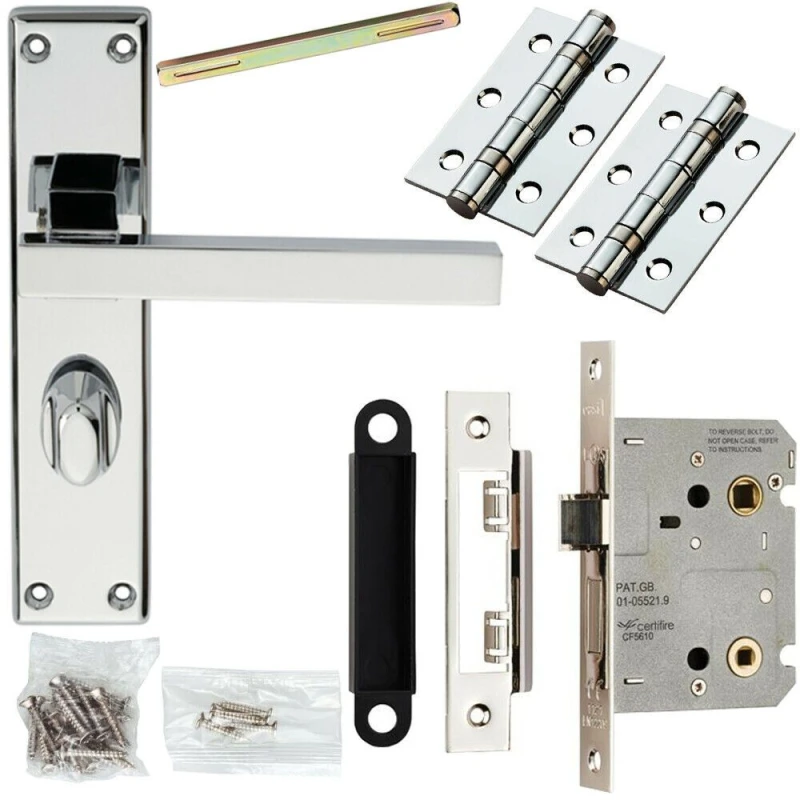 Image of Loops Door Handle & Bathroom Lock Pack Chrome Straight Square Thumb Turn Backplate Multi
