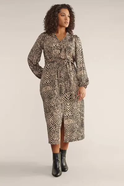 Image of Evans Snake Print Tie Waist Midi Dress Brown
