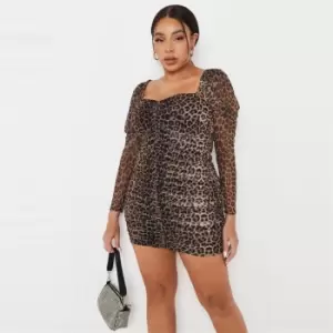 Image of Missguided Mesh Ruched Ls Mini Dress Leopard - Brown