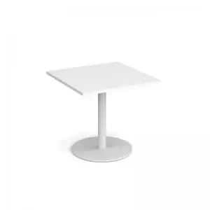 Image of Monza square dining table with flat round white base 800mm - white