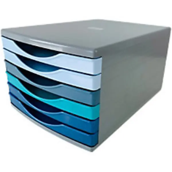 Image of Deflecto Deflecto Cool Breeze A4 Desktop Drawer Organiser 6 Drawers - 6 x 30mm Drawer Tower Unit Deep Blue and Aqua - CP146YTCB CP146YTCB