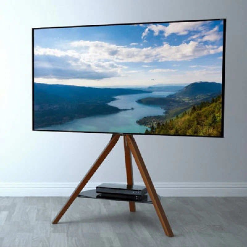 Image of Xample Avf Hoxton Tripod TV Stand For Tvs Up To 70" (40Kg) - Dark Wood Legs, Glass Shelf, Cable Management, Adjustable Height & Tilt