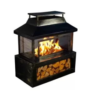 Image of Neo Black Outdoor Fire Pit Log Burner with Mesh Surround and Storage