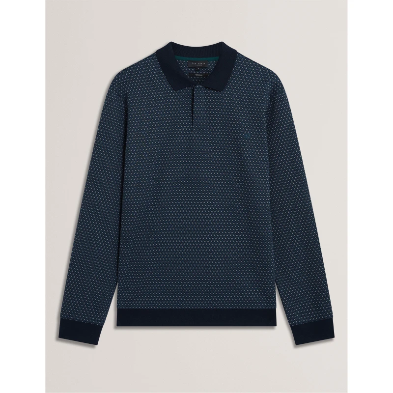 Image of Ted Baker Mens Jacquard Long Sleeve Polo Shirt Navy male S (2)