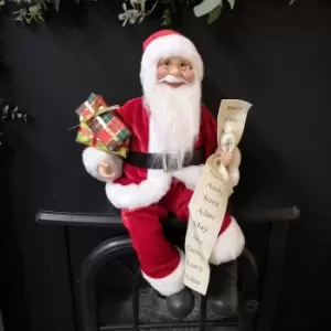 Image of 40cm Sitting Father Christmas Santa Claus Figurine Holding Name List & Gifts in Red
