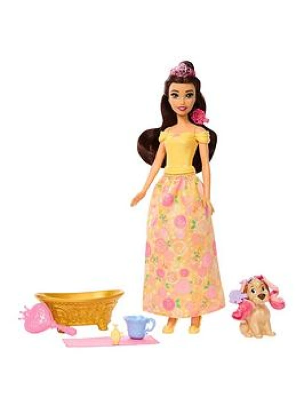Image of Mattel Disney Princess Belle Fashion Doll & Dog Figure with Color Change Spots Bathtub Brush & Hair Accessories Inspired by Beauty & the Beast JFC