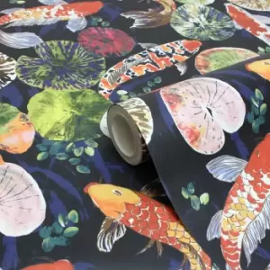 Image of Paoletti Koi Pond Midnight Blue Digitally Printed Ornamental Wallpaper