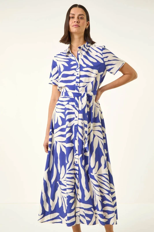 Image of Roman Womens Leaf Print Belted Midi Shirt Dress in Royal Size: 14 Royal Female 14