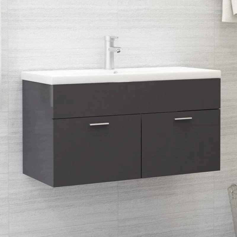 Image of VIDAXL Sink Cabinet High Gloss Grey 90x38.5x46cm Engineered Wood Vidaxl 8720286219935