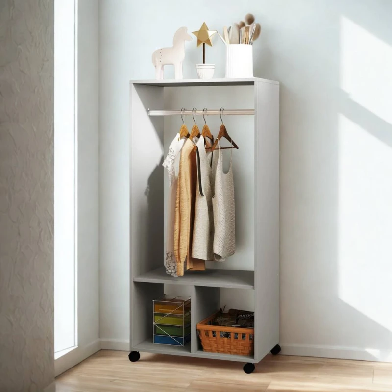 Image of Pirlo Plush Open Wardrobe Clothes Rail With Storage Shelves on Wheels Grey Grey Unisex