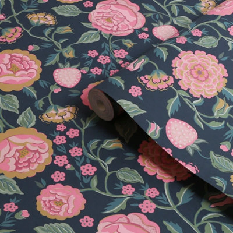 Image of Cath Kidston Strawberry Garden Navy Floral Wallpaper Wallpaper One Size Blue 71741618000