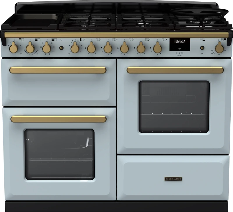 Image of Rangemaster Estel Deluxe ESDLO110DFPMSB/AB1 110cm wide Dual Fuel Range Cooker with Gas Hob - Misty Blue / Antique Brass - A/A Rated