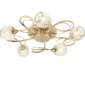 Image of Semi Flush Ceiling Light Brass Glass Beads 5 Bulb Hanging Pendant Lamp Shade