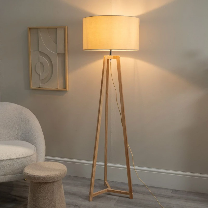 Image of ValueLights Lottie Natural Wood Tripod Floor Lamp with Fabric Drum Shade Natural
