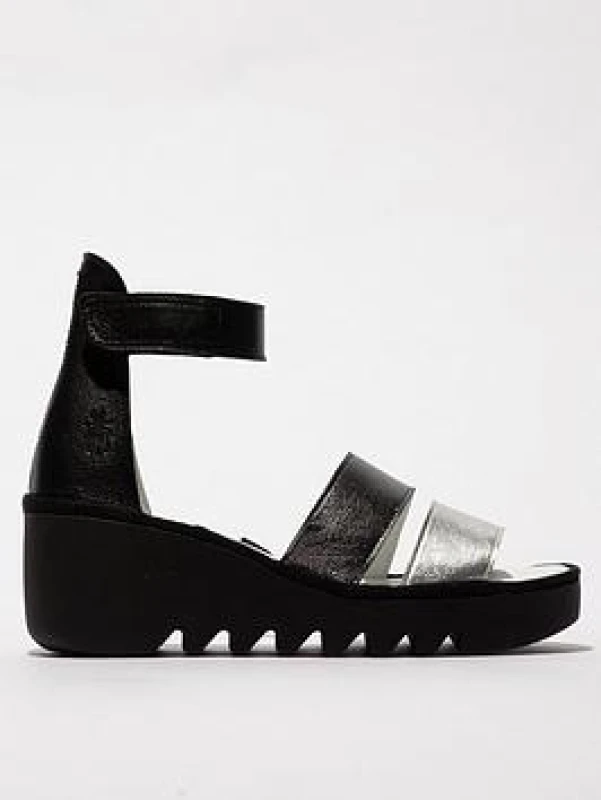 Image of Fly London BONO290FLY Leather Womens Wedge Sole Sandals - Silver Graphite Black - Size:UK 4