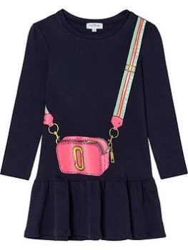 Image of Little Marc Jacobs Girls Cotton Interlock Dress With Printed Snapshot Bag - Navy, Size 8 Years, Women
