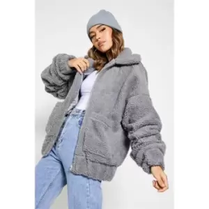 Image of I Saw It First Borg Zip Up Ruched Sleeve Detail Coat - Grey