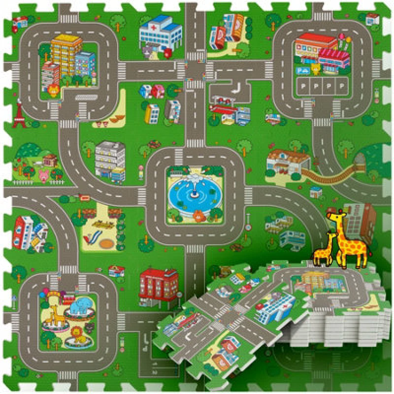 Image of Tectake Infant Play Mat Mycity - Puzzle Design For Children, City And Roads, 9 Piece - Colourful