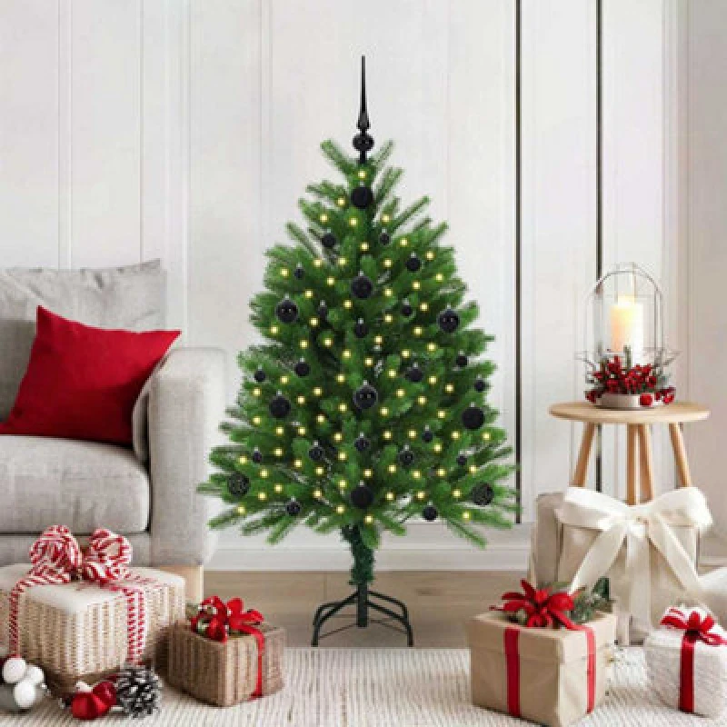 Image of vidaXL Christmas Tree with 150 LEDs, Black Balls with Stand Green 120cm PE, Green 3396310