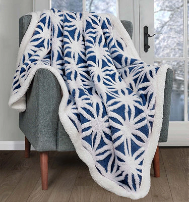 Image of Velosso Thermal Soft Jacquard Sherpa Backed Throw Blanket For Sofa, Bed, Couch - 150Cm X 200Cm - Navy