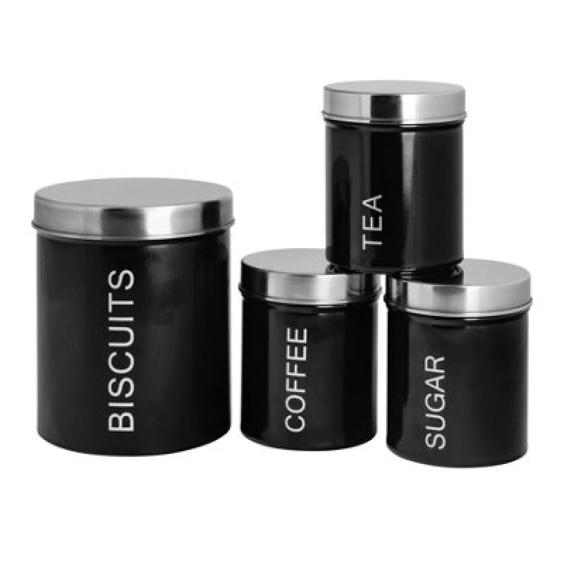 Image of Harbour Housewares 4 Piece Kitchen Canisters Set - Black - Round Metal Storage Caddy Tin Jar