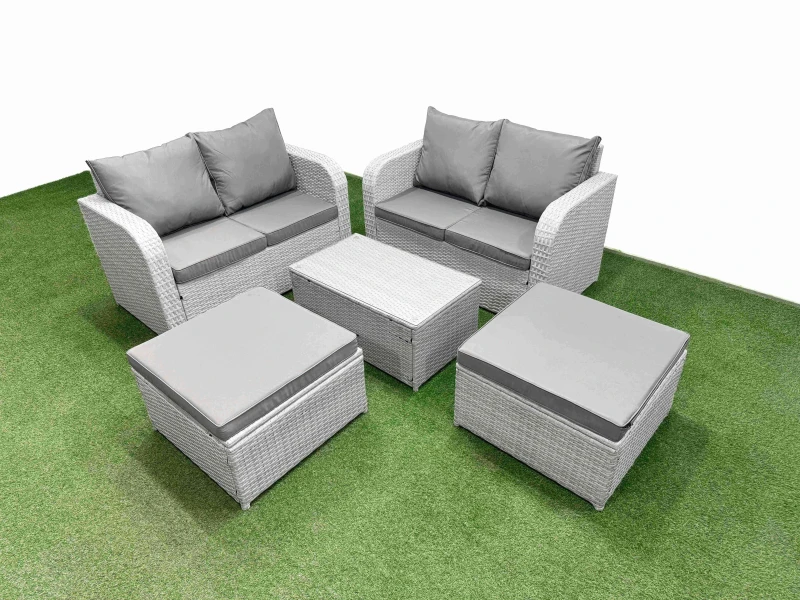 Image of Fimous 6 Seater Outdoor Love Sofa Set Rattan Garden Furniture Set with Rectangular Coffee Table 2 Footstool Light Grey Light Grey