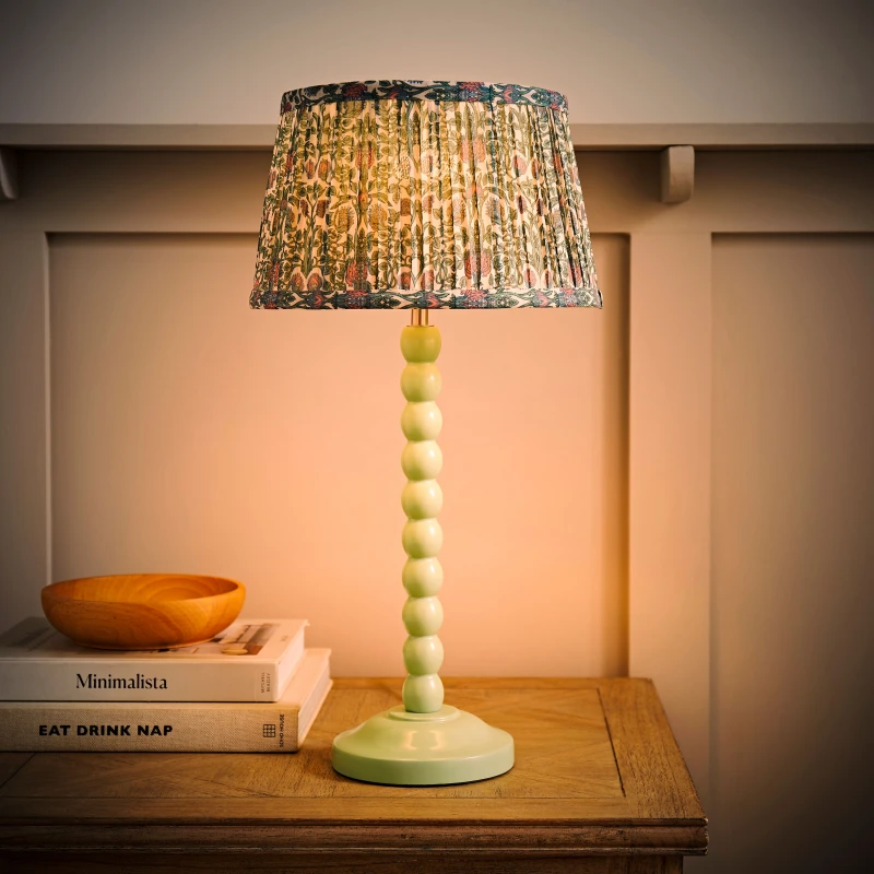 Image of ValueLights Bobbin Bobble Table Lamp with Floral Pleated Taper Lamp Shade & Bulb in Pale Green Pale Green Unisex