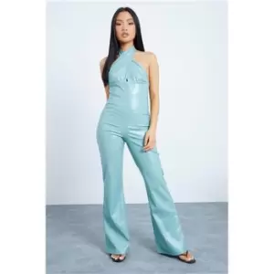 Image of I Saw It First Sage Petite Faux Leather Halterneck Jumpsuit - Green
