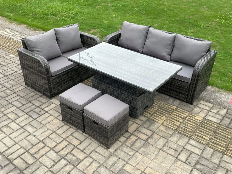 Image of Fimous Outdoor Rattan Garden Furniture Sets Height Adjustable Rising lifting Dining Table Lounge Sofa Set With Love Sofa Dark Grey