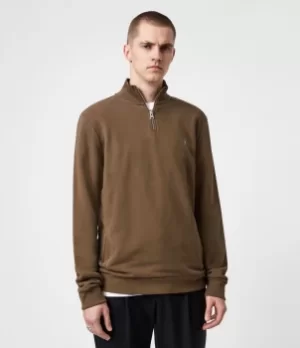 Image of AllSaints Mens Raven Half Zip Funnel Sweatshirt, Totem Brown, Size: L