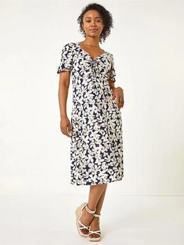 Image of Roman Womens Petite Floral Ruched Stretch Midi Dress in Navy Size: 8 Navy Female 8