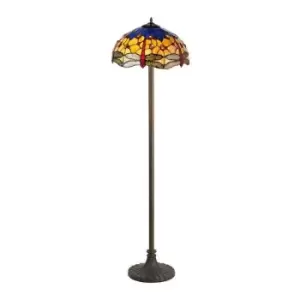 Image of Luminosa Lighting - 2 Light Stepped Design Floor Lamp E27 With 40cm Tiffany Shade, Blue, Orange, Crystal, Aged Antique Brass