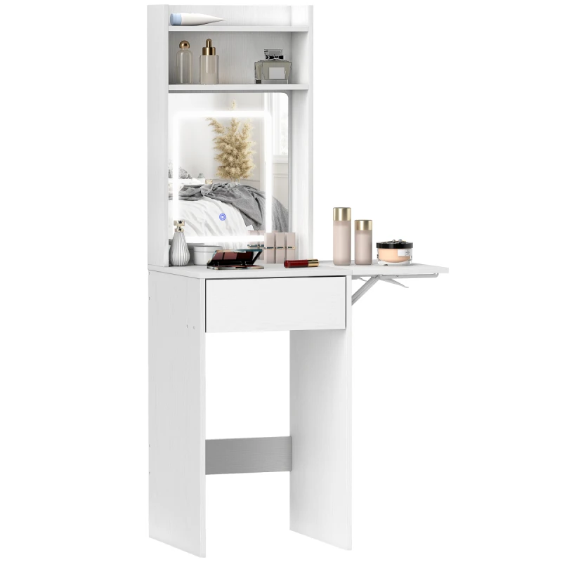 Image of HOMCOM HOMCOM Compact Dressing Table with Lighted Mirror Open Shelves Drawer White White One Size Unisex 5063603306387