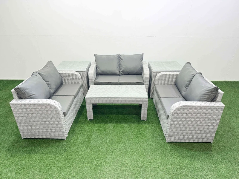 Image of Fimous 6 Seater PE Wicker Rattan Furniture Sofa Sets with Oblong Coffee Table 2 Seater Love Sofa 2 Side Table Light Grey Light Grey
