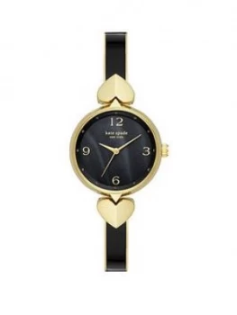 Image of Kate Spade New York Kate Spade Black And Gold Detail Dial Gold Heart And Black Leather Strap Ladies Watch